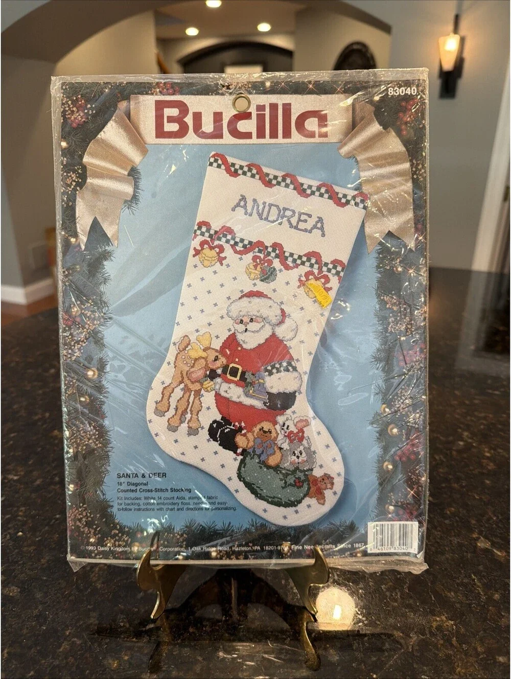 Vintage 1993 Bucilla Santa And Deer Cross Stitch Stocking New